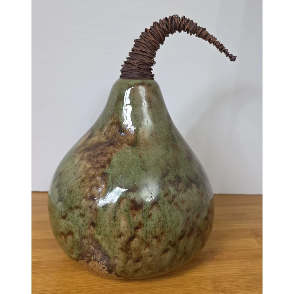 Pier 1 Ceramic Gourd Pumpkin Pear Wire Stem Brown Green Marbled Glossy Fall Art
